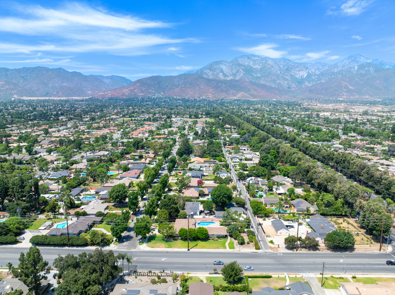 Aerial view of Upland city in San Bernardino County, California, on the border with neighboring Los Angeles County.